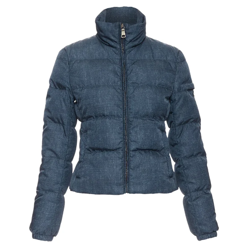 Sports Style Prad navy denim fabric print triangle logo cropped puffer jacket