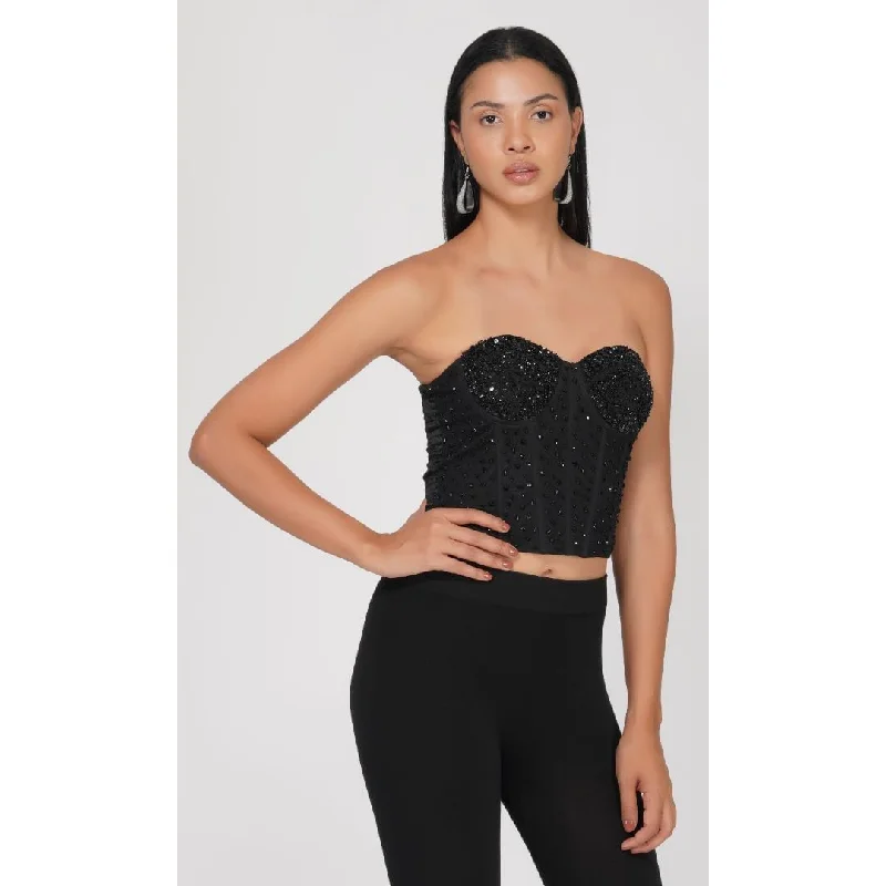Street Fashion SLAY. Black Beaded Corset Top with Adjustable Straps