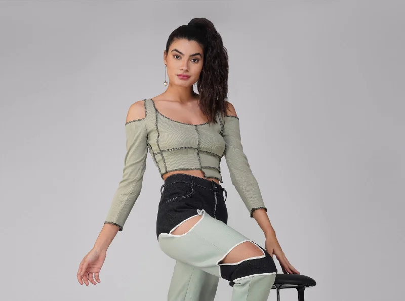 High-end Fashion SLAY. Women's Contrast Stitch Olive Cold Shoulder Rib Full Sleeves Top