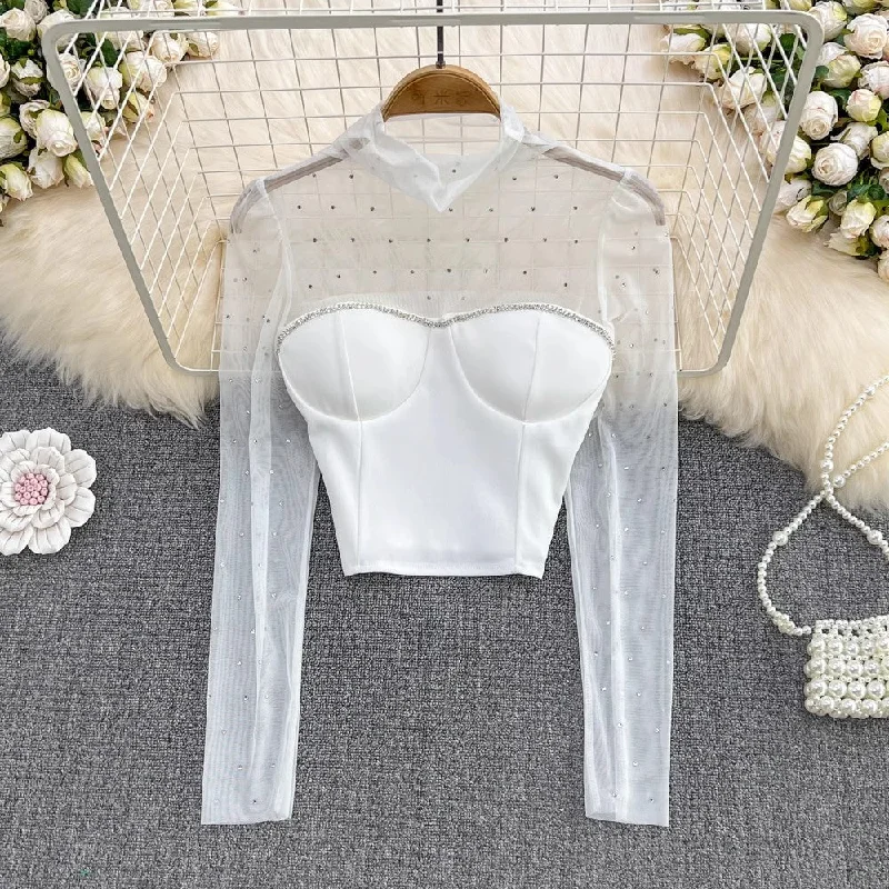 Comfortable Mind mesh beaded shirt for women fashionable and chic short top        S4249