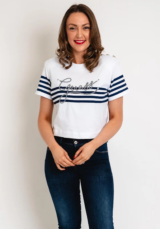 Design Trend Guess Womens Embroidered Logo Striped T-Shirt, White