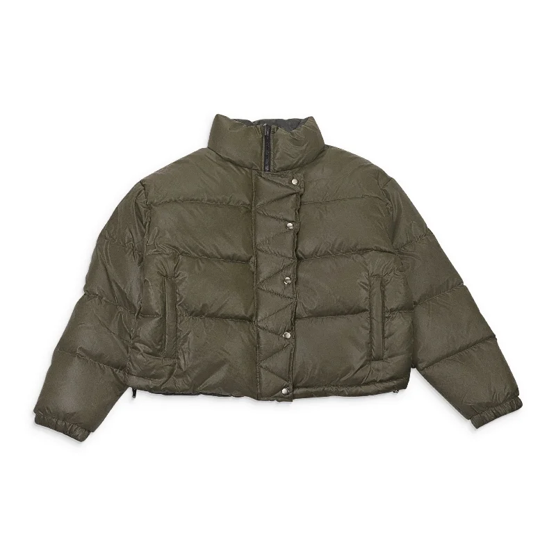 Embroidery Design CALLIPYGIAN REVERSIBLE OLIVE BLACK PUFFER COAT