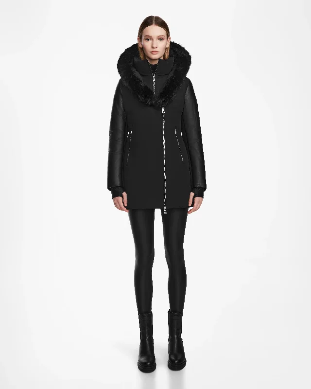 Fresh And Elegant AURELLE WOMEN'S MID-LENGTH FITTED DOWN PARKA WITH VEGAN LEATHER SLEEVES