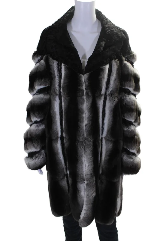Integrated Design J. Mendel Womens Hook Front Swakara Chinchilla Long Coat Gray Black