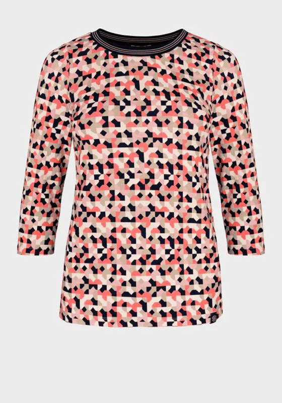 Exquisite Details Bianca Geo Print Contrasting Knit Detail Top, Pink