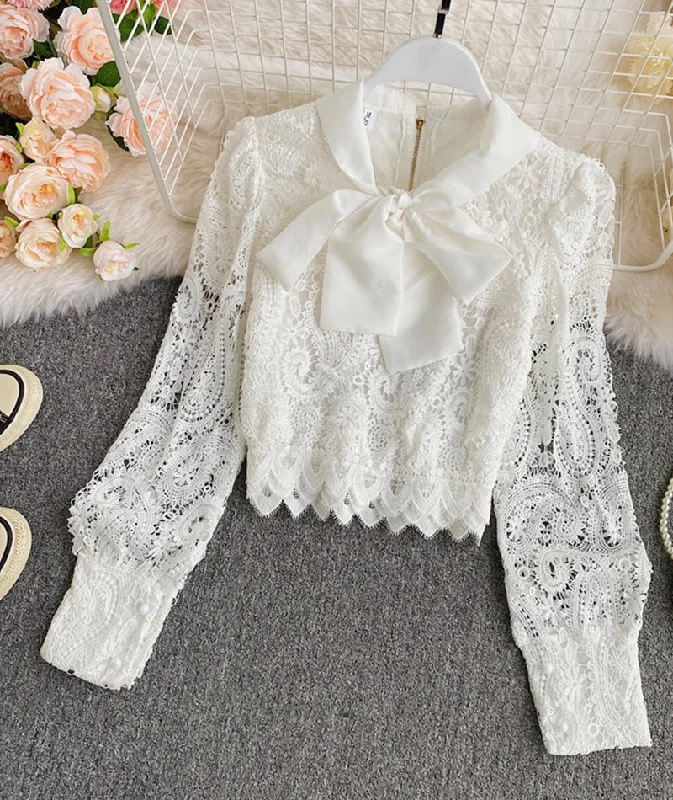 Classic Design White Hollow Lace Top     S4389