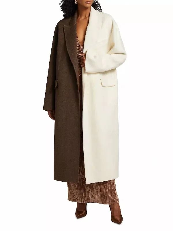 Free And Comfortable Wendalin Bi-Colored Tailored Coat In Chocolate Brown Ivory