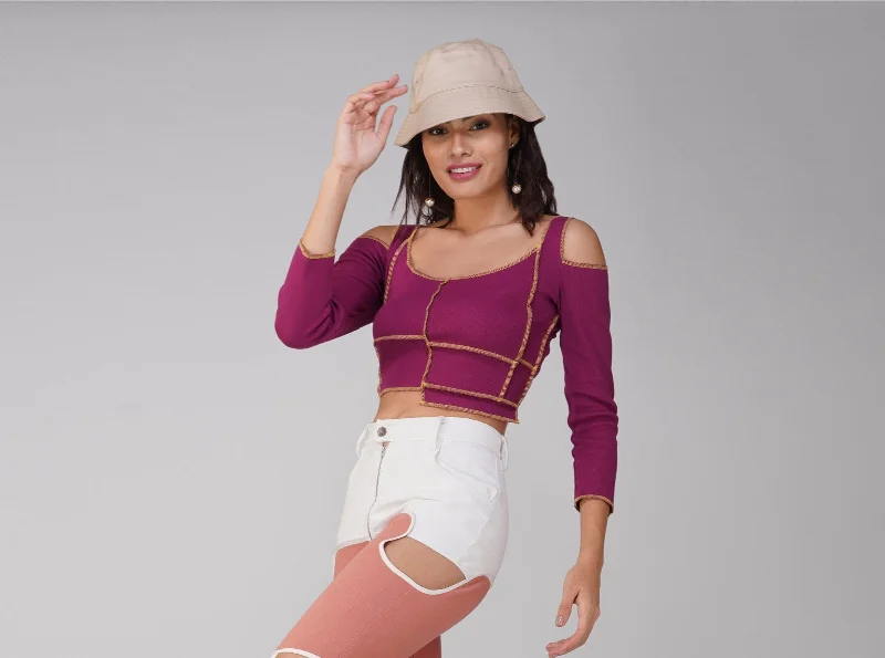 High-quality Design SLAY. Women's Contrast Stitch Pink Cold Shoulder Rib Full Sleeves Top
