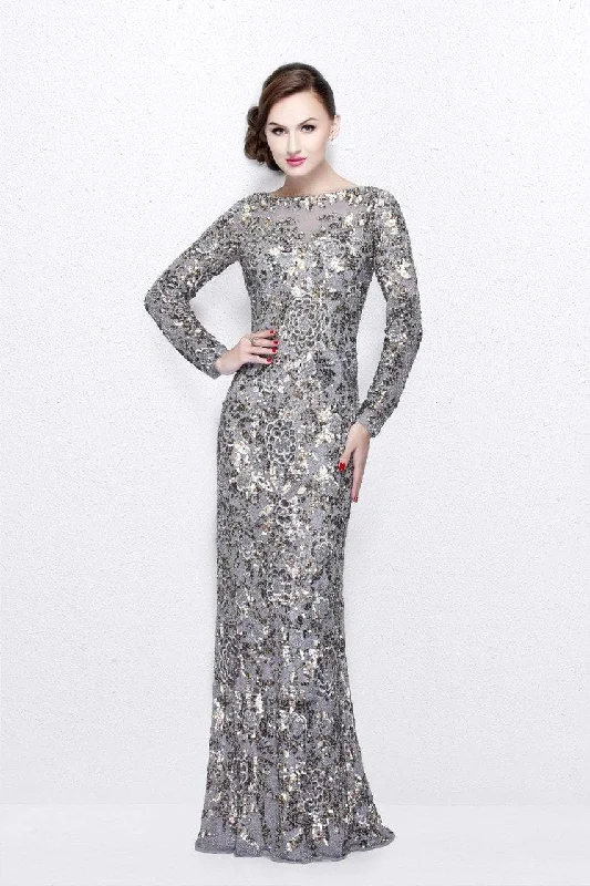 Classic Design Primavera Couture - 1401 Long Sleeve Sequined Gown in Platinum Multi