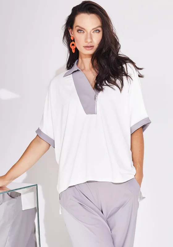 Perfect Tailoring Naya Zip Detail Contrast Collar Jersey Top, White & Mink