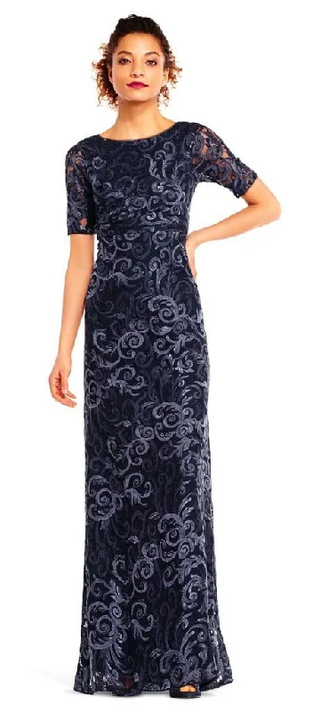 End Of The Year Adrianna Papell - Sequin Lace Embroidered Swirl Mesh Dress AP1E201418 - 1 Pc Midnight in Size 10 Available End Of The Year Adrianna Papell - Sequin Lace Embroidered Swirl Mesh Dress AP1E201418 - 1 Pc Midnight in Size 10 Available