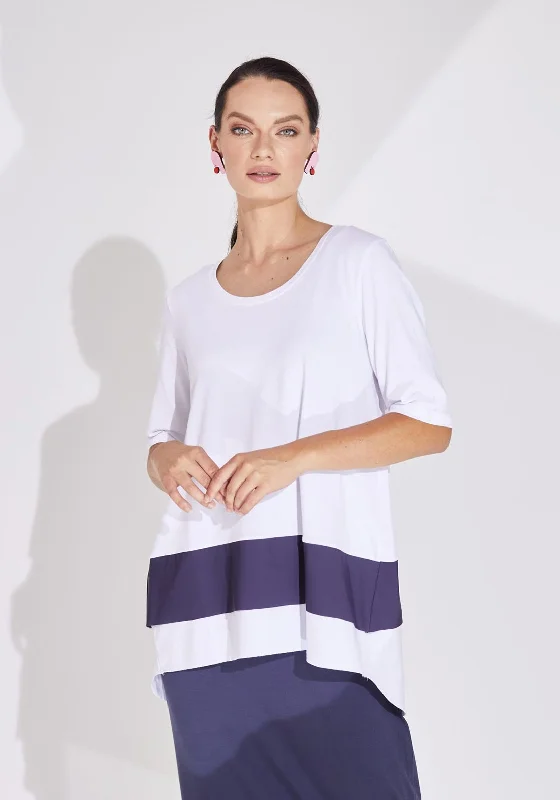 Floral Prints Naya Contrast Panel Vent Back Top, White & Navy