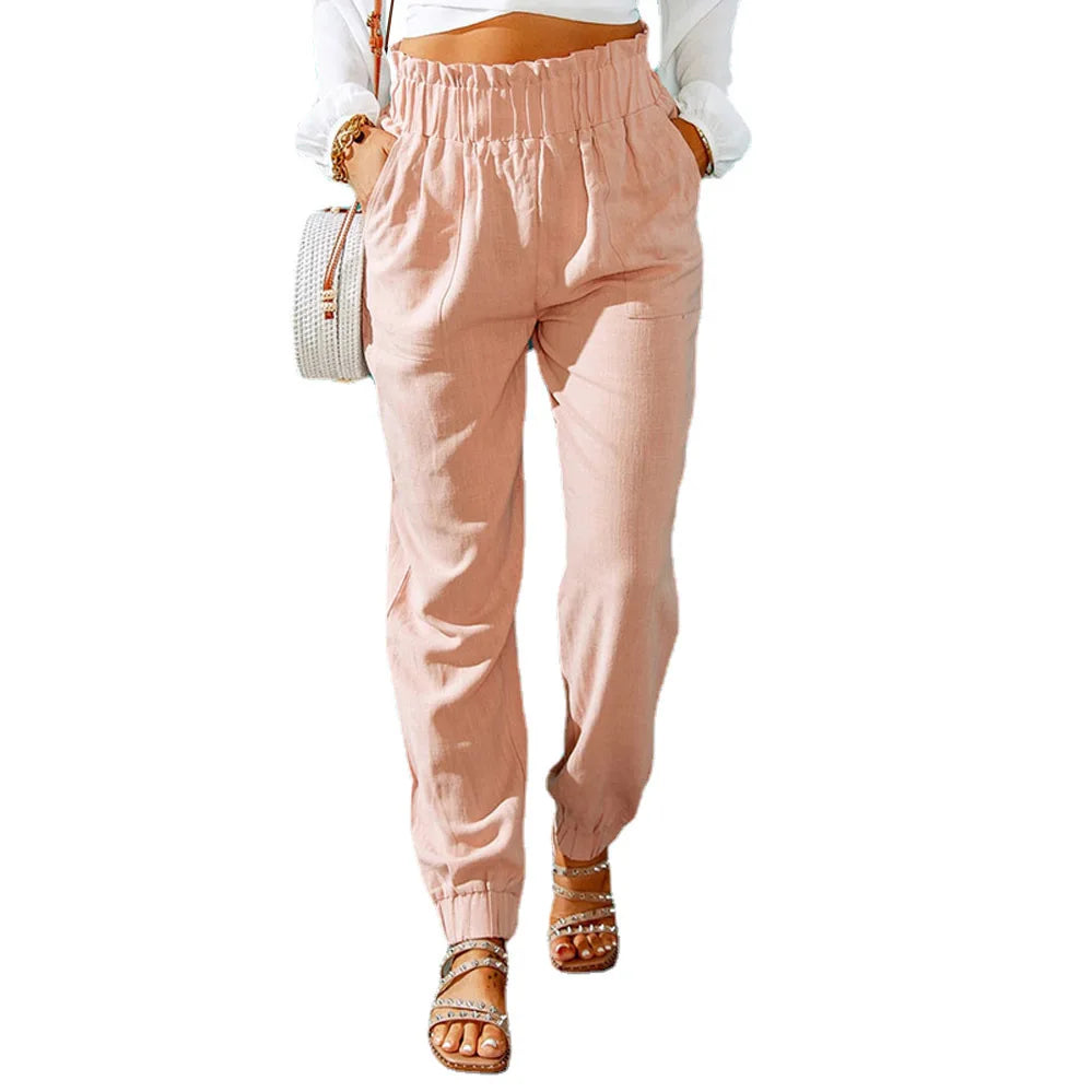 Cool Style Women's Cotton Mid Waist Button Fly Closure Solid Pattern Trouser