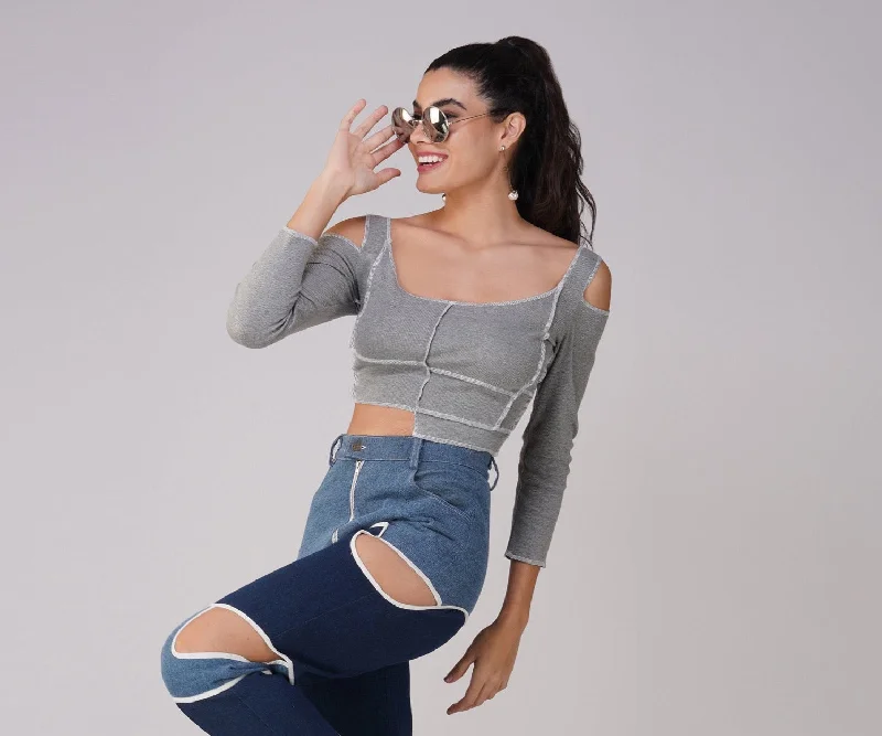 Fashion Concept SLAY. Women's Contrast Stitch Light Grey Cold Shoulder Rib Full Sleeves Top
