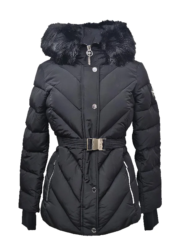 Retro Design Michael Kors Women's Belted Chevron Scuba Coat w/Faux Fur, Black