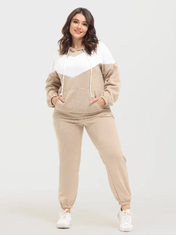 Editorial Design Midsize Casual Fashion Colorblock Fleece Hoodie 2-Piece Set