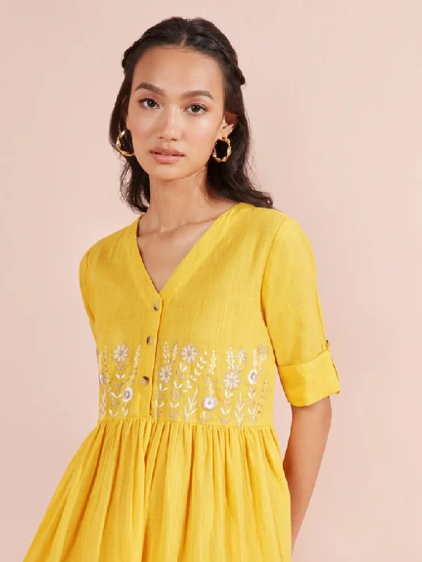 European Plan Bombay Paisley Yellow Embroidered Tiered Dress