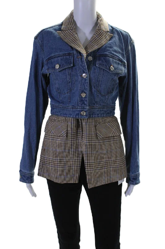 Integrated Design Veronica Beard Womens Glen Plaid Layered Jean Jacket Blue Brown