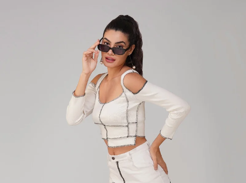 Fashionable And Fashionable SLAY. Women's Contrast Stitch White Cold Shoulder Rib Full Sleeves Top