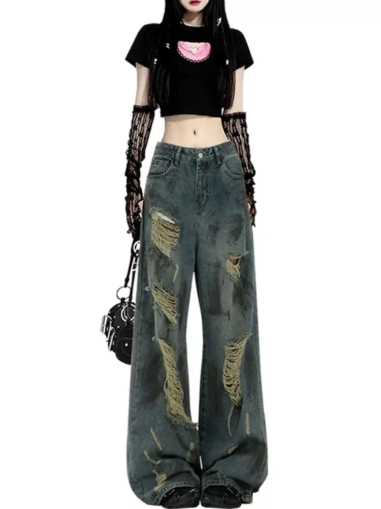 Dressing Tips Women's Cotton High Waist Zipper Fly Closure Ripped Trousers
