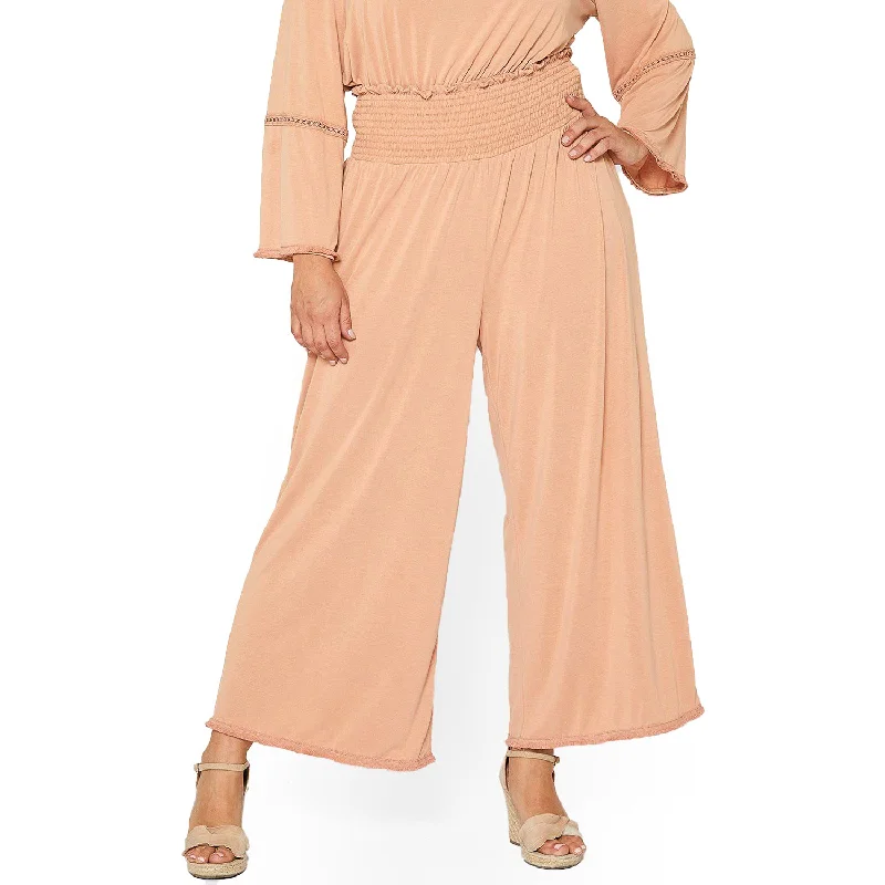 Energy Wear Plus Size Smocked Waist Wide Leg Palazzo Pants in Apricot