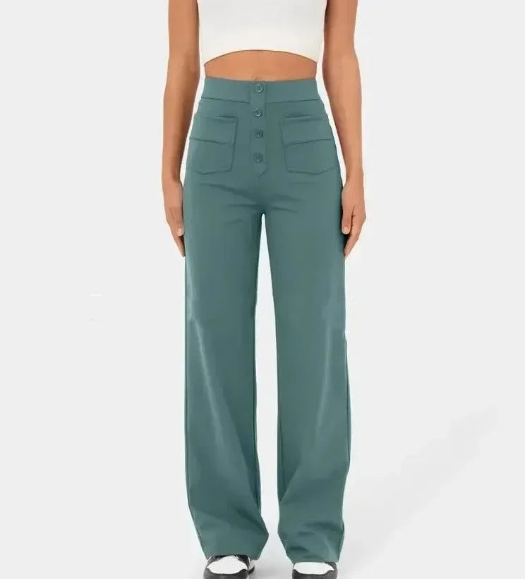 Basic Version Women's Polyester High Waist Button Fly Closure Casual Trousers