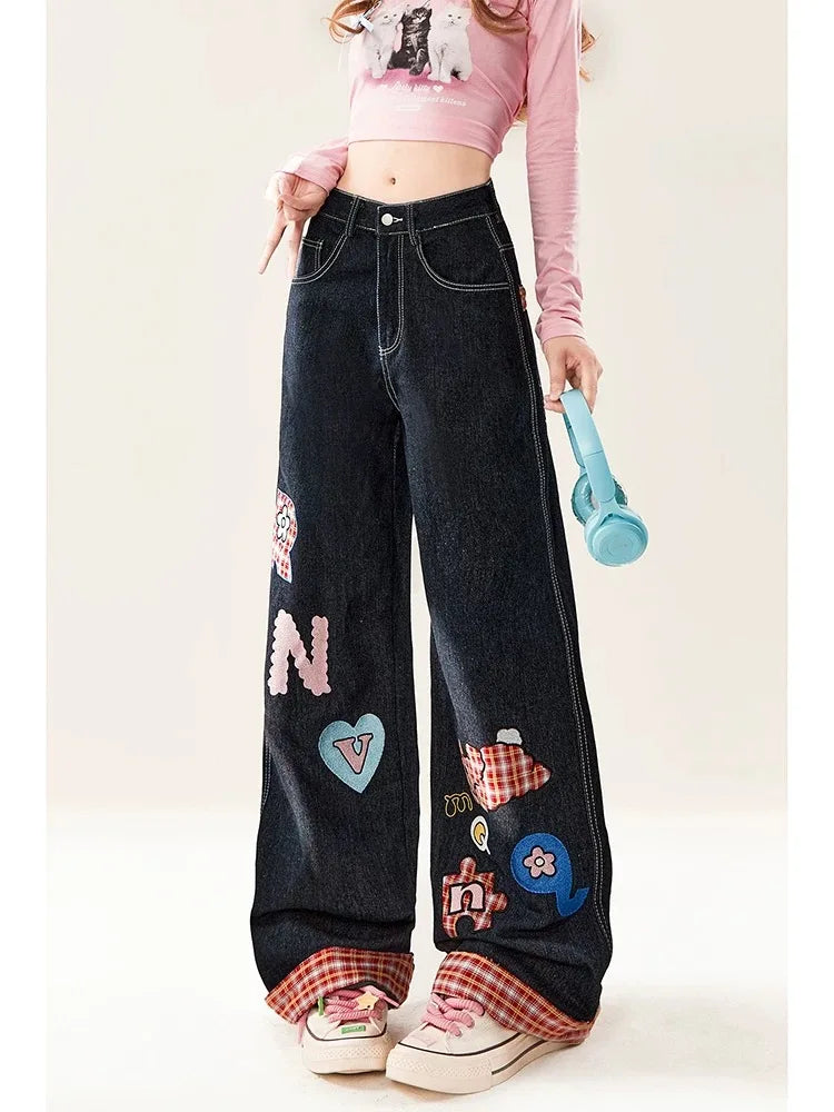 Simple Design Women's Cotton High Waist Zipper Fly Closure Letter Pattern Trousers
