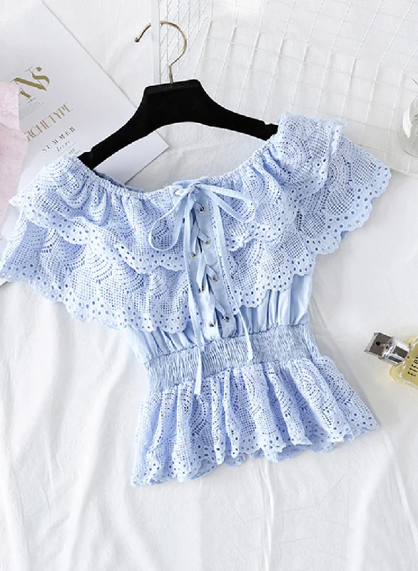 Elegant Outline Romantic Short-sleeved Lace Top Women's Tops    S4388