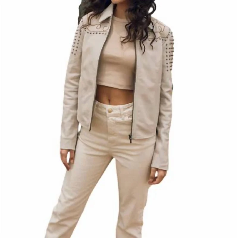 Luxury Customization Embroidered Studded Leather Jacket In Beige