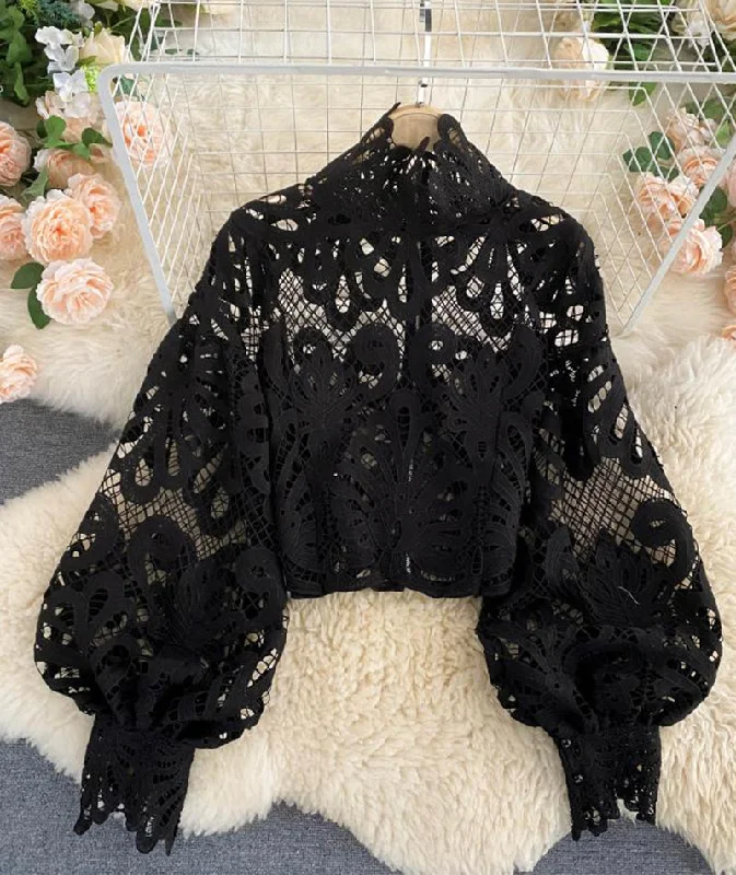 Classic Color Stylish Hollow Lace Top Puff Sleeve Top     S4386