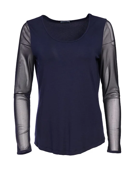 Cool Style Naya Semi Sheer Mesh Sleeve Top, Navy