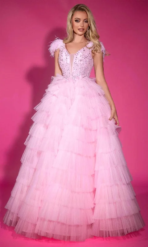 Must-have For Fashion Portia and Scarlett PS25317 - Plunging Neck Feather Detailed Ballgown