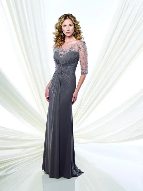 Sports And Leisure Mon Cheri Sheer Elbow Sleeves Ruched Gown 215902