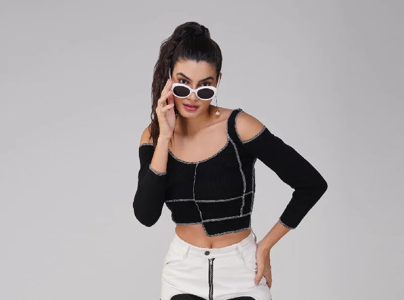 Retro Design SLAY. Women's Contrast Stitch Black Cold Shoulder Rib Full Sleeves Top
