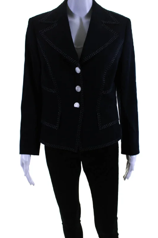Fashion Classic Escada Womens Wide Lapel Button Down Suit Jacket Navy Blue Wool