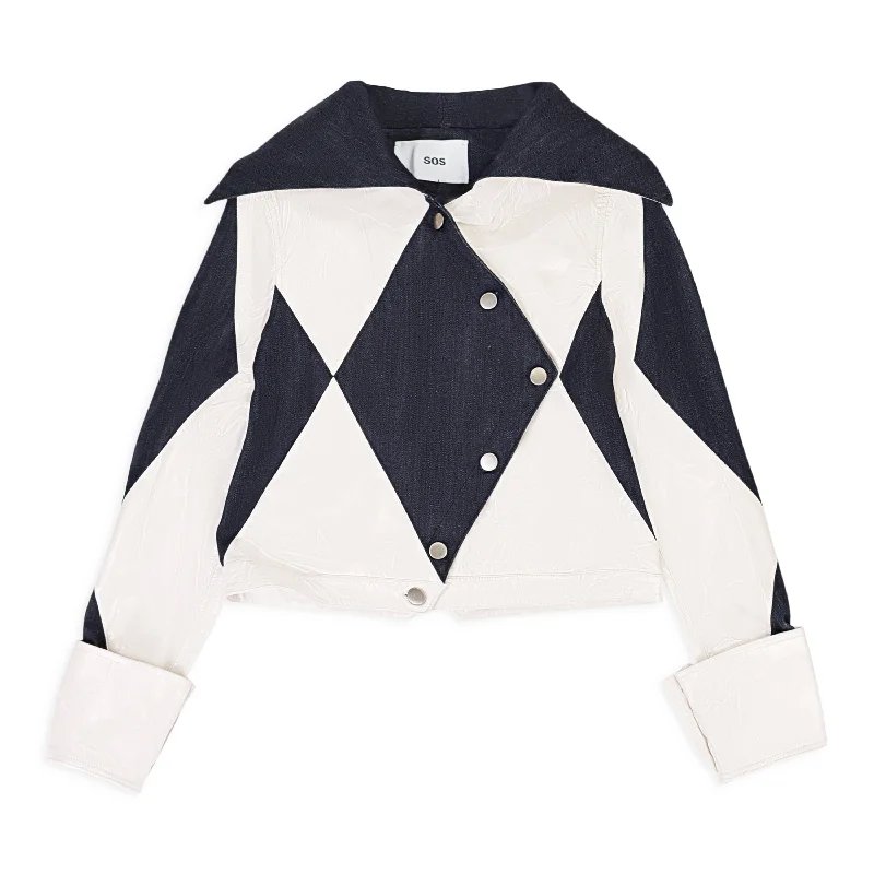 Modernism SOS STEVE SMITH LEATHER AND DENIM INTARSIA BLACK WHITE JACKET