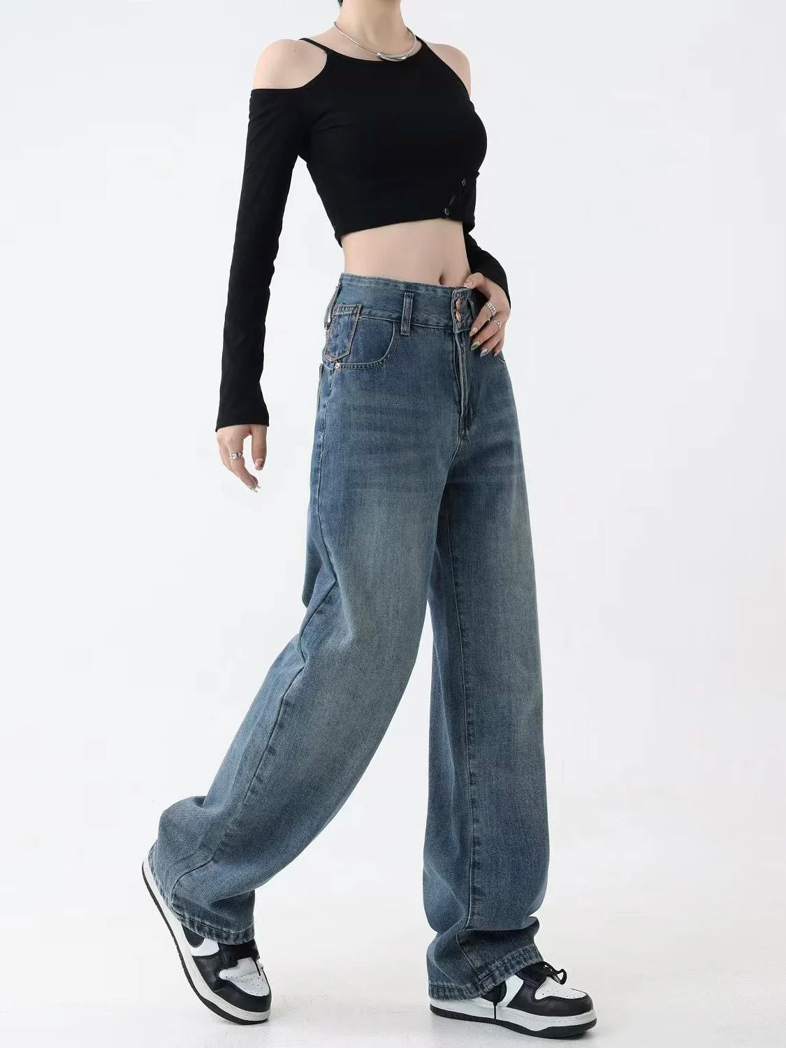 High-end Sense Women's Cotton High Waist Zipper Fly Closure Plain Trousers