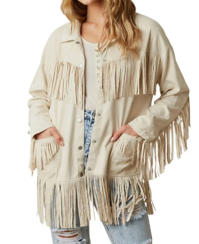 Minimal Classic Suede Fringe Jacket In Cream