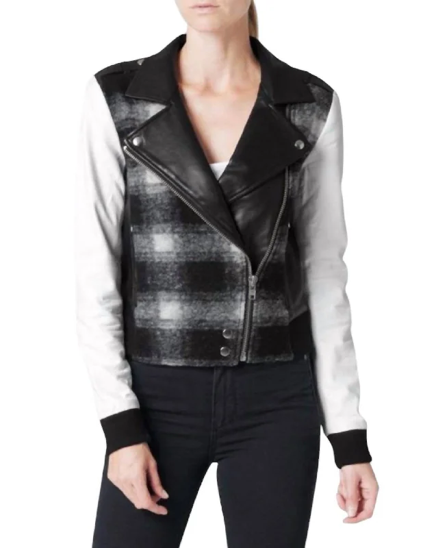 Comfortable Wear Shelley Leather Wool Blend Plaid Moto Jacket In Black, White