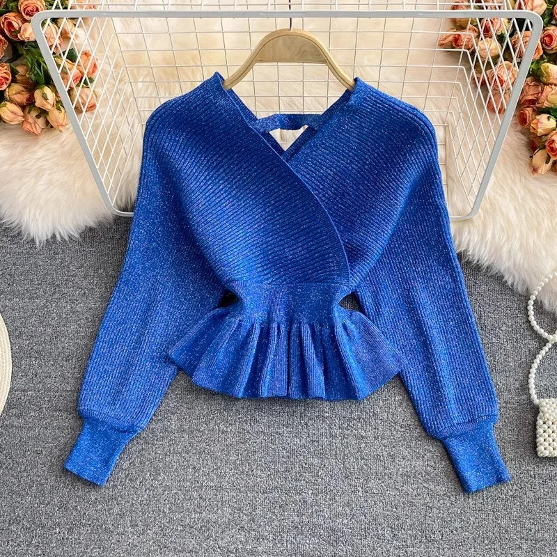 Personalized Wear new ruffled short sweater women's V-neck pullover sweater top      S4246