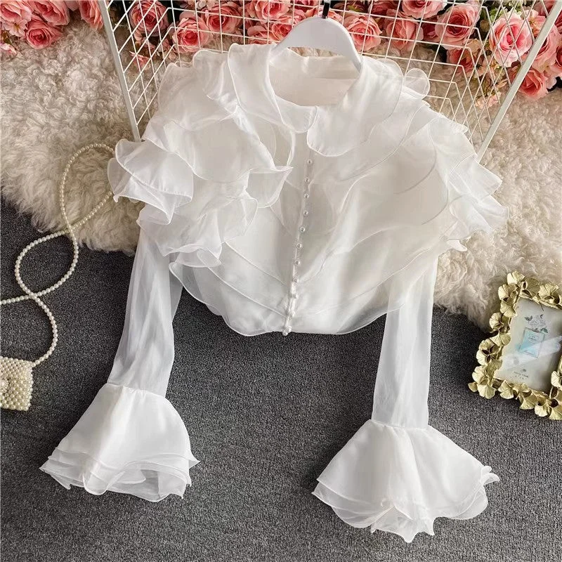 Romantic Temperament new style layered ruffled organza shirt for women see-through top with bell sleeves S4234 Romantic Temperament new style layered ruffled organza shirt for women see-through top with bell sleeves S4234