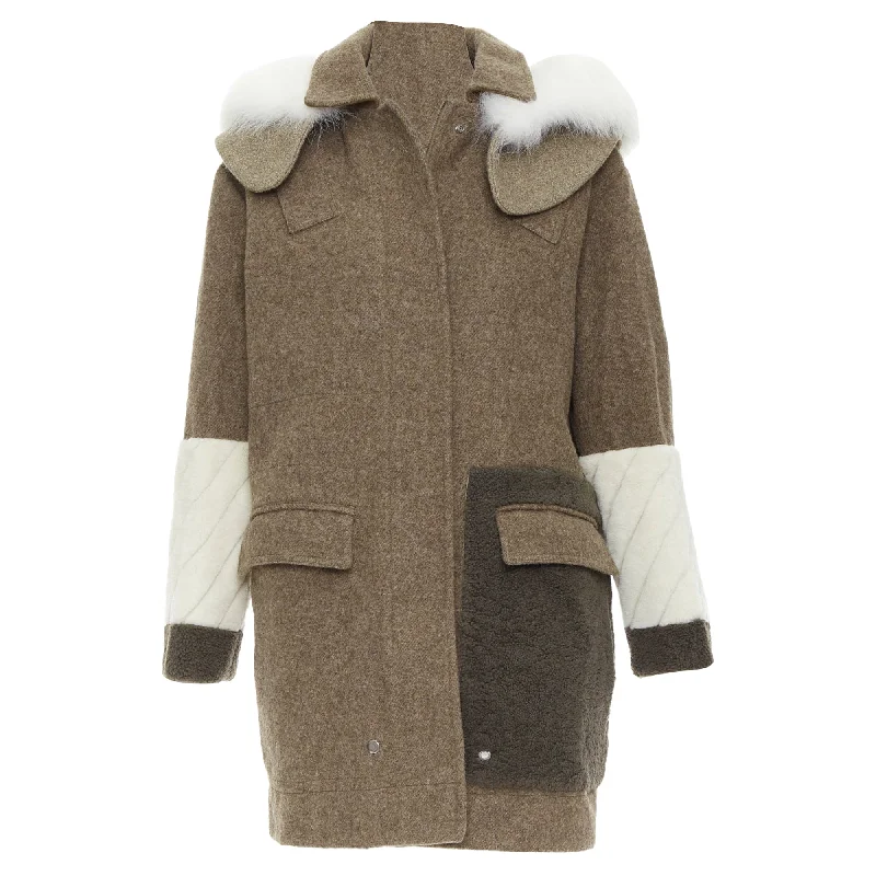 Fresh And Fashionable Fendi colorblocked brown wool patchwork fur hooded parka coat