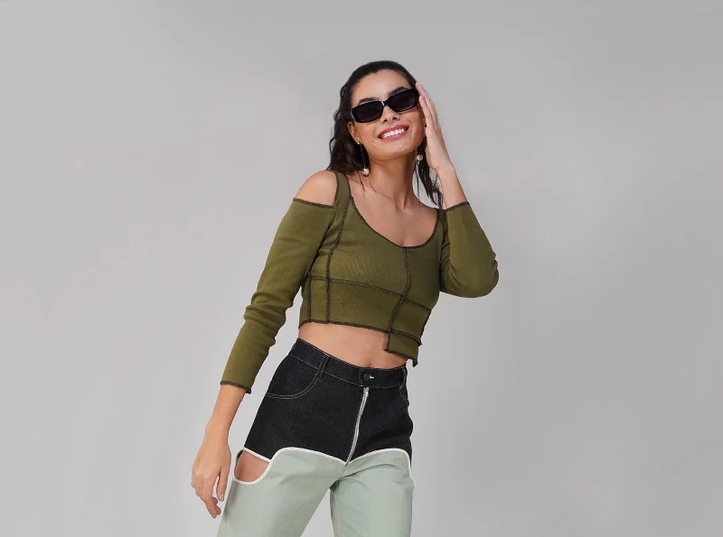 Breathable Design SLAY. Women's Contrast Stitch Olive Cold Shoulder Rib Full Sleeves Top