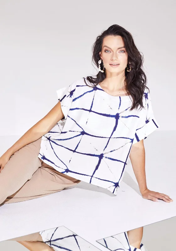 High Street Fashion Naya Round Neck Abstract Print Top, White & Navy