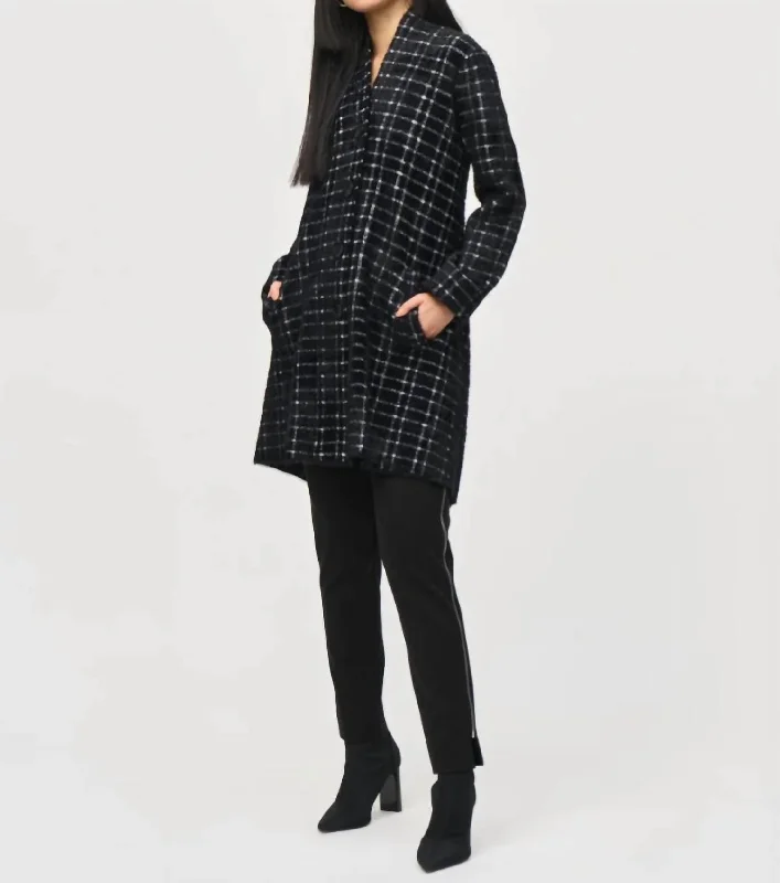 Design Trend Plaid Feather Yarn Sweater Coat In Black And White