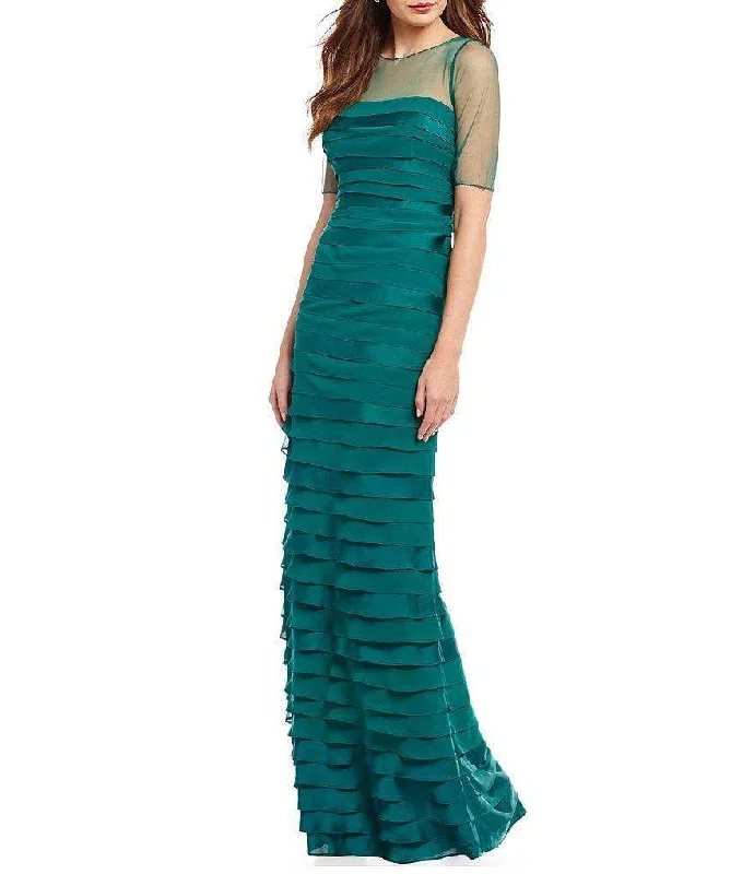 Fashion Expert Adrianna Papell Sheered Bateau Neck Short sleeves Tiered Dress AP1E201931 - 1 pc Evergreen In Size 4 Available