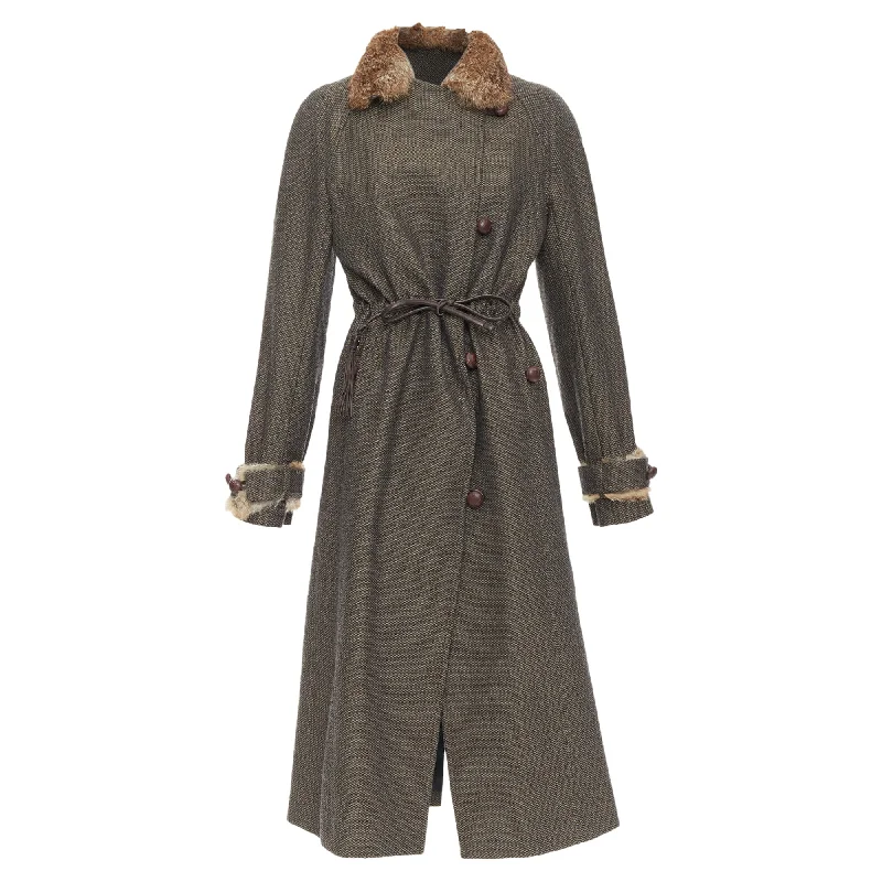 High-end Design Yves Saint Laurent Vintage brown wool tweed fur trim maxi coat