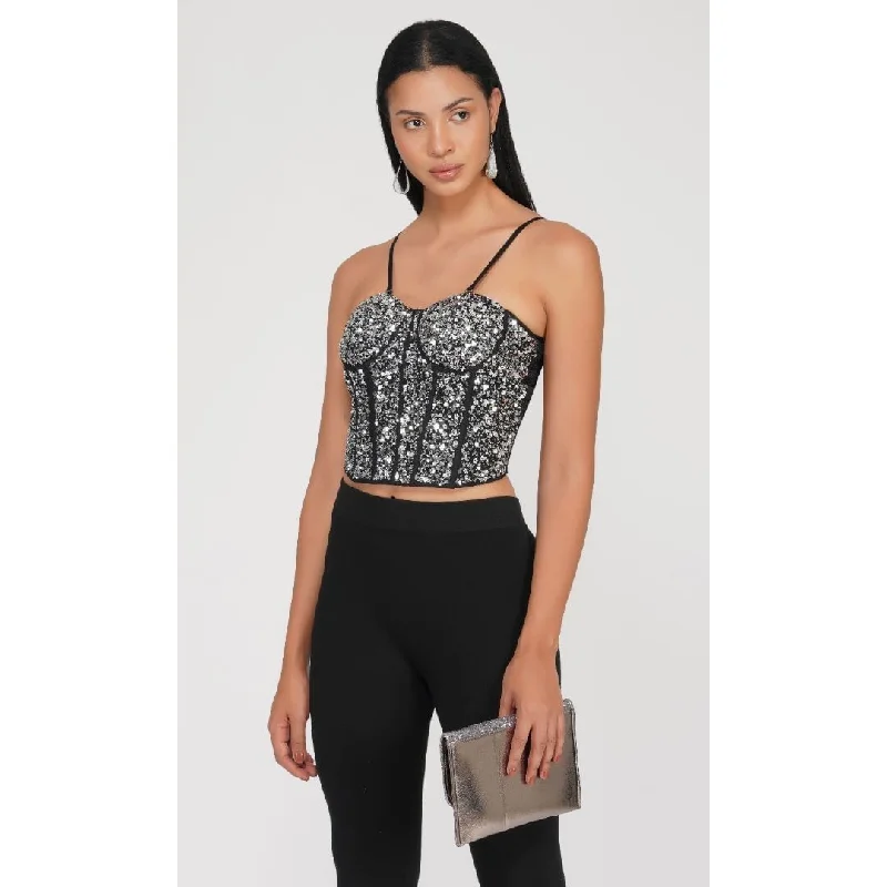 Fresh And Elegant SLAY. Silver Beaded Corset Top with Adjustable Straps