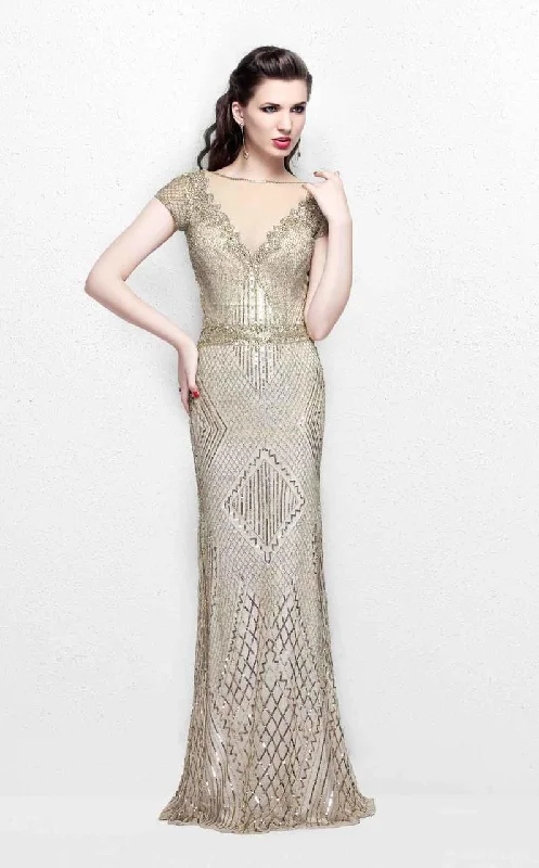 Simple Design Primavera Couture Illusion Bateau Short Sleeve Beaded Gown - 1 pc Champagne In Size 22 Available