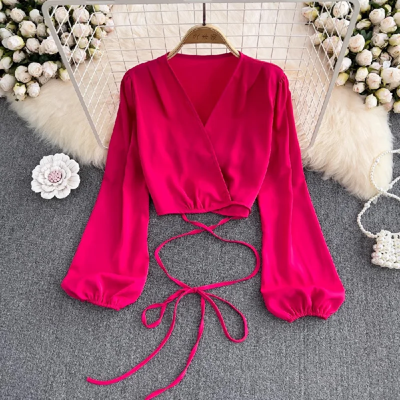High Street Series Deep V Neck Puff Sleeve Shirt Women's Fashionable and Chic Short Top S4225 High Street Series Deep V Neck Puff Sleeve Shirt Women's Fashionable and Chic Short Top S4225